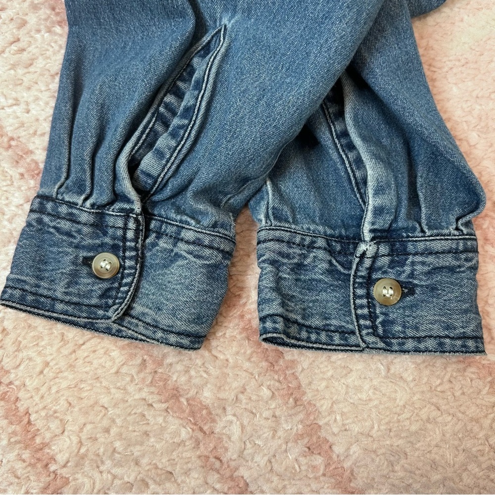 VNTG 90's Fall Harvest Embroidered Chambray Denim Shirt Cotton Size PETITE Large - Picture 14 of 16